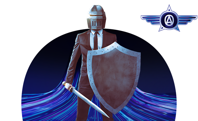 Business person with knight helmet shield and sword