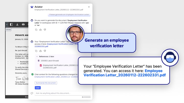 OpenText Content Aviator initiating an agent to generate an employment letter