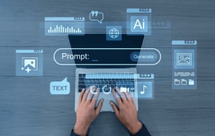 Hands typing on a laptop with AI and prompt icons floating above