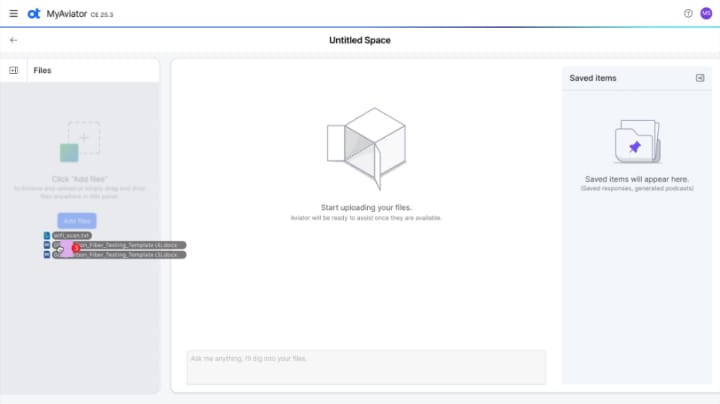 MyAviator interface showing document upload area where users can drag and drop files in any format, including documents, audio, and video files.