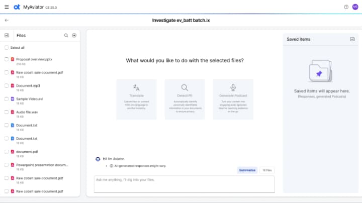 MyAviator productivity tools interface showing one-click options to transcribe audio/video, translate documents, and redact sensitive data.