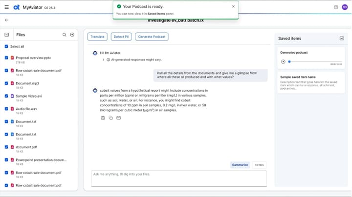 MyAviator podcast creation feature interface showing how to convert documents into audio content for learning on the go.