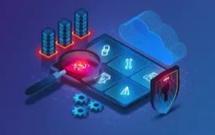 Cybersecurity-themed illustration with servers, bug icon, shield, and cloud