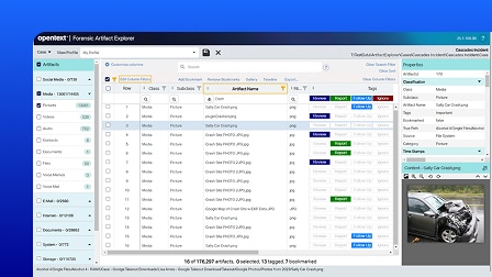 A screenshot of the OpenText Forensic user interface showing the artifacts menu.