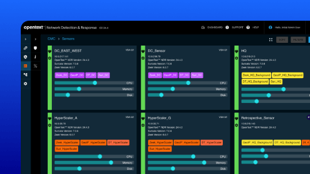 A screenshot of the OpenText Network Detection and Response user interface showing the sensors dashboard.
