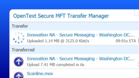 A screenshot of the OpenText Data Integrator user interface showing secure file transfer.