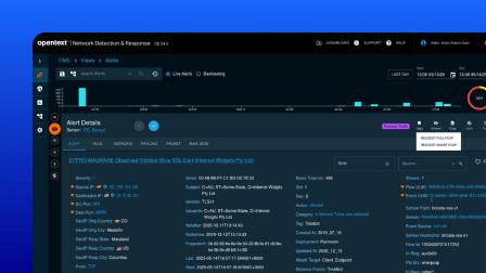 A screenshot of the OpenText Network Detection and Response user interface showing alert details.