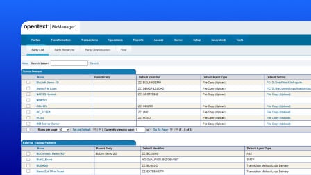 A screenshot of the OpenText Data Integrator user interface showing centralized trading partner management.