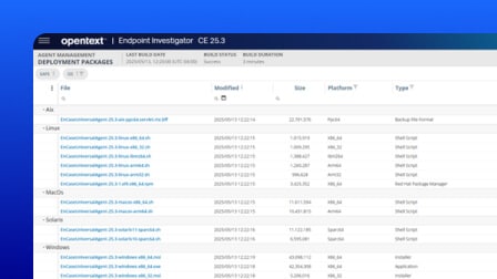 A screenshot of the OpenText Endpoint Investigator user interface showing deployment packages.
