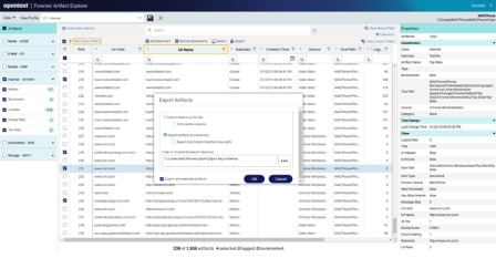 A screenshot of the OpenText Forensic user interface showing export options.