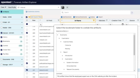 A screenshot of the OpenText Forensic user interface showing bookmark folder options.