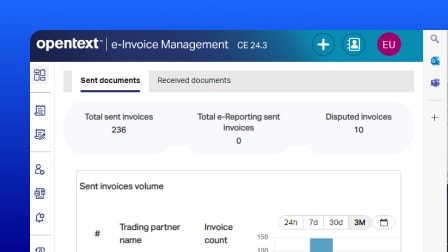 OpenText Trading Grid e-Invoicing dashboard showing number of sent documents.