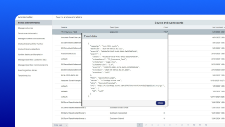 A screenshot of the OpenText Core Journey user interface showing source and event counts.