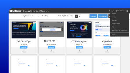 A screenshot of the OpenText Core Web Optimization user interface.