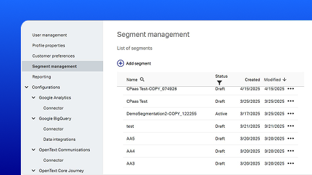 A screenshot of the OpenText Customer Data user interface showing the segments management menu.