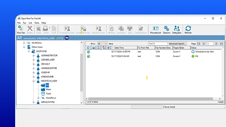 A screenshot of the OpenText Fax user interface showing a system screen.