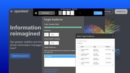 A screenshot of the OpenText Core Web Optimization user interface showing the audience targeting menu.