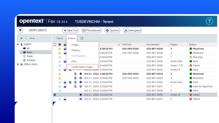 A screenshot of the OpenText Fax user interface.