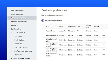 A screenshot of the OpenText Customer Data user interface showing the profile schema management menu.