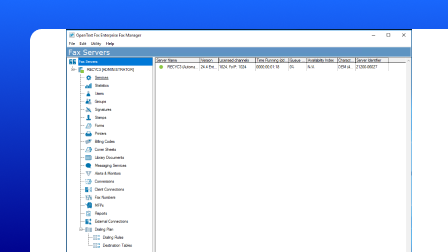 A screenshot of the OpenText Fax user interface showing server details.
