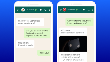 A WhatsApp conversation shown on a mobile phone, illustrating rich messaging support.