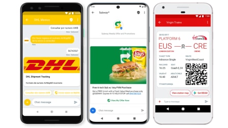 Three smartphones showing branded messaging.