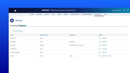 A screenshot of the OpenText Digital Asset Management user interface showing the storage menu.