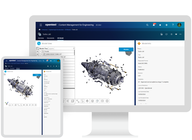 OpenText Content Management for Engineering platform on a computer and tablet 