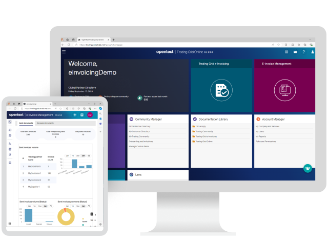 OpenText Trading Grid e-Invoicing application running on desktop and tablet devices