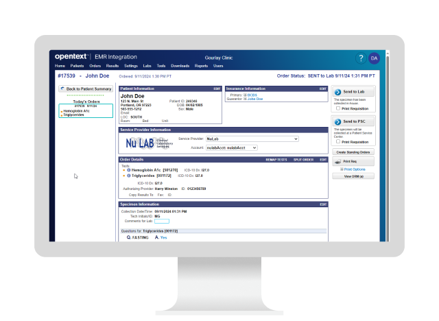 A desktop computer showing the OpenText EMR Integration platform