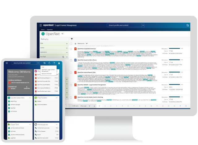 OpenText Legal Content Management running on a desktop and tablet