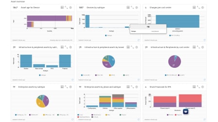 A screenshot of the OpenText Asset Management user interface showing an overview dashboard with pie charts and line graphs.