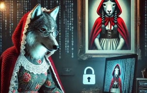 Wolf dressed up as red riding hood on a laptop