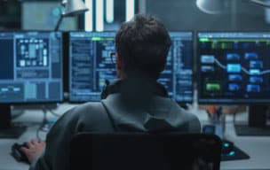 Person working on threat detection on multiple computer monitors