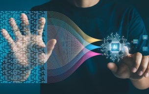 Person tapping on screen with AI logo