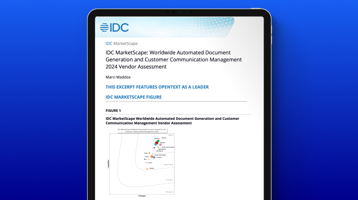 Tablet screen showing an IDC report highlighting OpenText as a leader