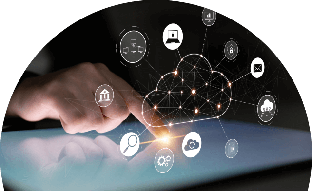 Cloud computing network with connected digital icons