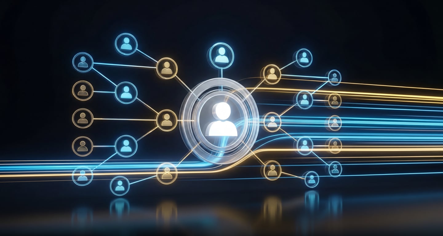 Digital network visual with a central user icon connected to multiple user nodes