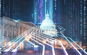 A holographic display with a lot of binary numbers with a government building in the background