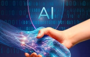 Human hand meeting artificial intelligence
