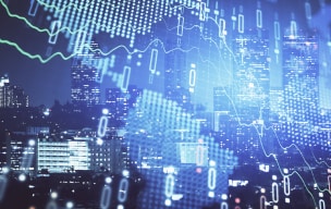 A digital network illustration with a city landscape in the background