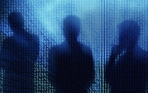 Three person shadows merged with a digital code in the background