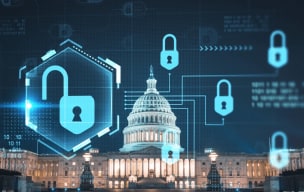 A holographic display of digital locks and security with a government building in the background