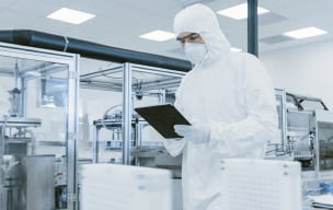 Technician in full protective gear using a tablet inside a sterile laboratory or cleanroom facility