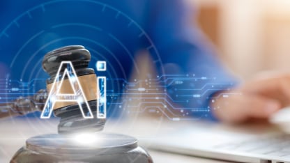 A virtual AI icon with a person using a Gavel