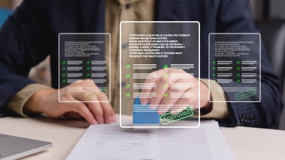 virtual contract icons with a person stamping papers in the background