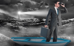 A person on a boat holding a briefcase and a binocular with a lighthouse in the background