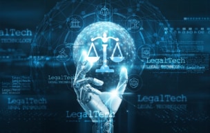 A virtual hand holding a scale of justice with a digital background and other LegalTech