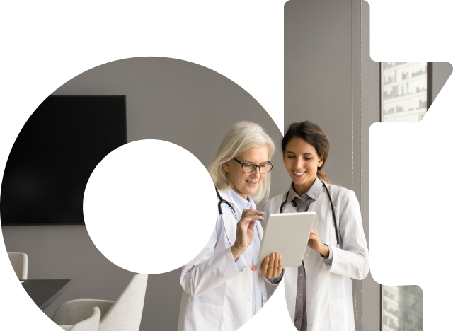 OpenText OT watermark image with two doctors using a tablet with a television in the background