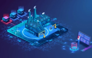 A digital illustration of a factory on a data chip